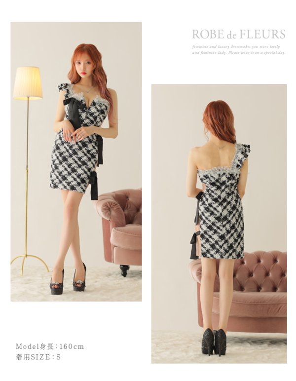 画像14: sugar限定コラボ☆XS-Lサイズあり【ROBE de FLEURS/ローブドフルール】ツイード/ リボン/ ワンショルダー/ フロントジップ/ タイト/ ミニドレス/ キャバドレス[OF08]