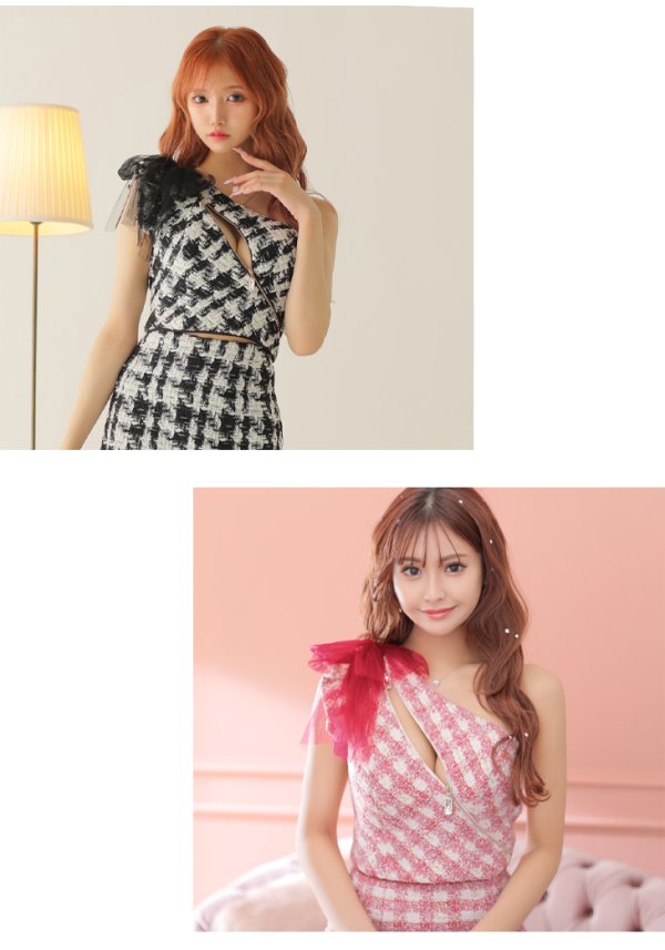 画像20: sugar限定コラボ☆XS-Lサイズあり【ROBE de FLEURS/ローブドフルール】セットアップ/ ツイード/ リボン/ ワンショルダー/ バストカット/ タイト/ ミニドレス/ キャバドレス[OF08]
