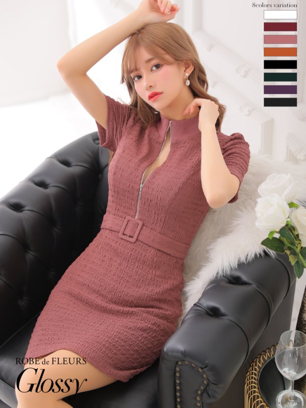 画像2: 門りょうちゃん着用 XSサイズあり【ROBE de FLEURS Glossy/ローブ・ド・フルール グロッシー】バストジッパー/ ワッフル/ 袖あり/ 半袖/ シンプル/ ワンカラー/ ストレッチ/ タイト/ ミニドレス/ キャバドレス[OF2]