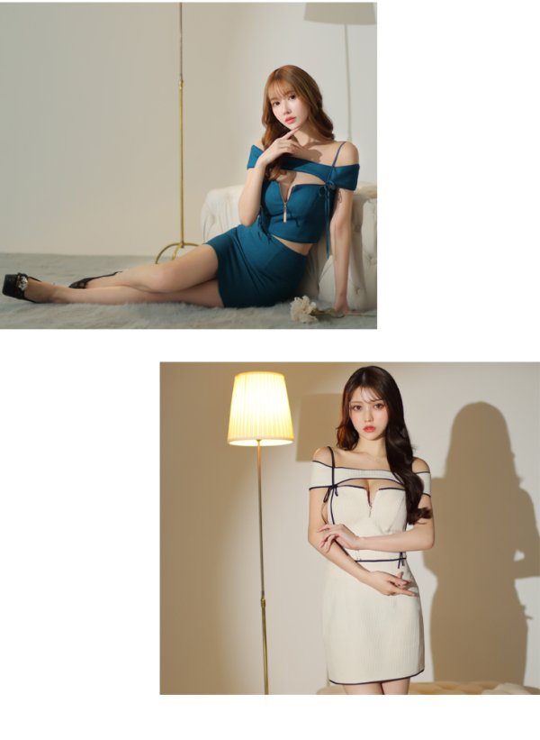 画像10: XSサイズあり【Glossy/グロッシー】スエードリボン/ ワッフル/ オフショルダー/ フロントジップ/ タイト/ セットアップ/ ミニドレス/ キャバドレス[OF08]
