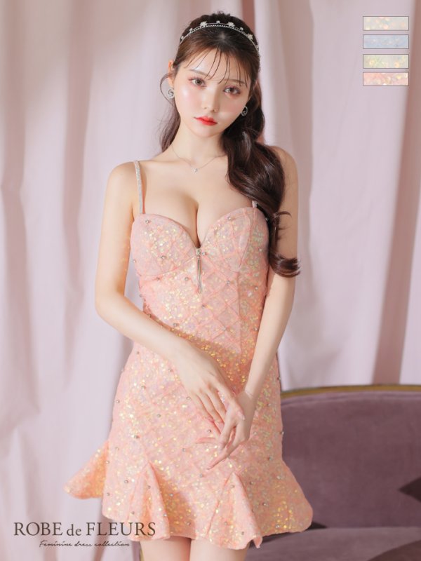 画像2: XSサイズあり【ROBE de FLEURS/ローブドフルール】 スパンコール/ ダイヤチュール/ キャミソール/ フロントジップ/ フレア/ ミニドレス/ キャバドレス[OF2]