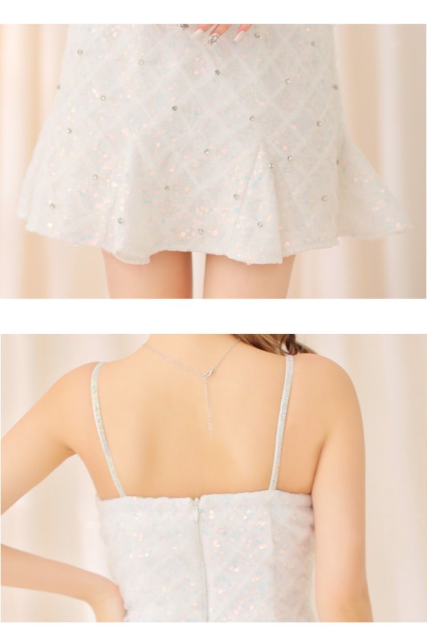 画像14: XSサイズあり【ROBE de FLEURS/ローブドフルール】 スパンコール/ ダイヤチュール/ キャミソール/ フロントジップ/ フレア/ ミニドレス/ キャバドレス[OF08]