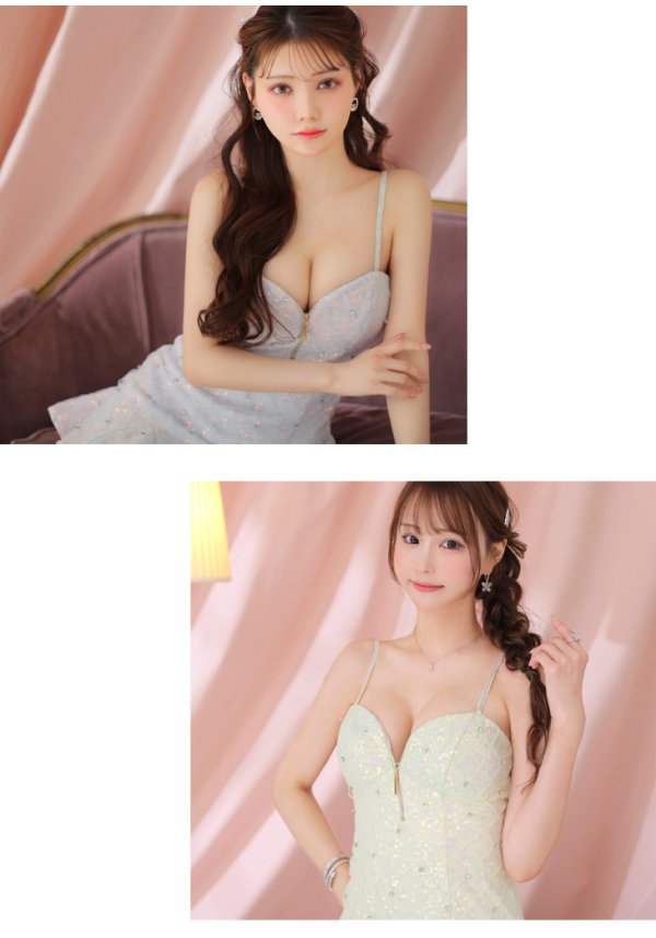 画像10: XSサイズあり【ROBE de FLEURS/ローブドフルール】 スパンコール/ ダイヤチュール/ キャミソール/ フロントジップ/ フレア/ ミニドレス/ キャバドレス[OF08]