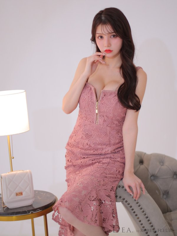 画像13: Lサイズあり【DEA./ディア】ケミカルレース/ フリル/ マーメイド/ ノースリーブ/ フロントジップ/ 膝丈/ ミディアムドレス/ キャバドレス【OF08】