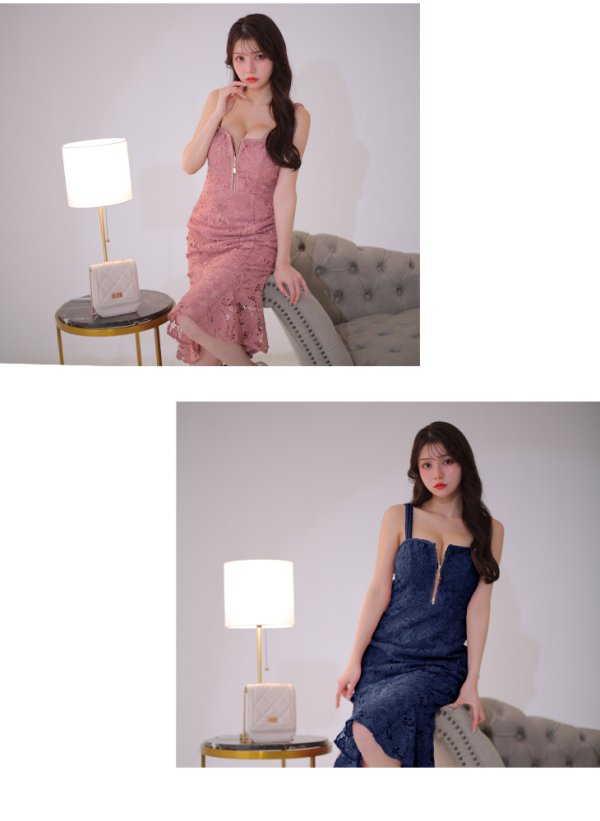 画像10: Lサイズあり【DEA./ディア】ケミカルレース/ フリル/ マーメイド/ ノースリーブ/ フロントジップ/ 膝丈/ ミディアムドレス/ キャバドレス【OF08】