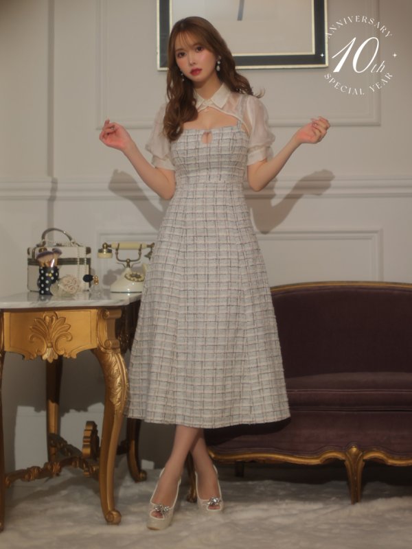 画像7: 10th SPECIAL COLLECTION 【ROBE de FLEURS/ローブドフルール】Venus Tweed Midi Dress/ ツイード/ 切替/ 襟付き/ 袖あり/ パフスリーブ/ タイト/ ミディアムドレス/ キャバドレス[OF08]