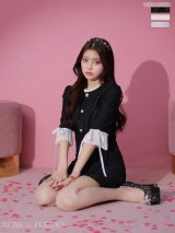 XSサイズあり【ROBE de FLEURS/ローブドフルール】ラメツイード/ 七分袖/ 袖フリル/ リボン/ フレア/ ミニドレス/ キャバドレス[OF2]