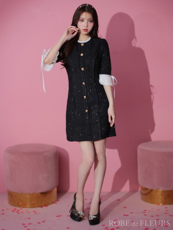 画像15: XSサイズあり【ROBE de FLEURS/ローブドフルール】ラメツイード/ 七分袖/ 袖フリル/ リボン/ フレア/ ミニドレス/ キャバドレス[OF08]