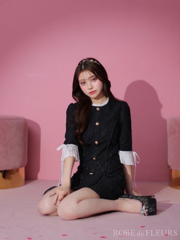 画像18: XSサイズあり【ROBE de FLEURS/ローブドフルール】ラメツイード/ 七分袖/ 袖フリル/ リボン/ フレア/ ミニドレス/ キャバドレス[OF08]