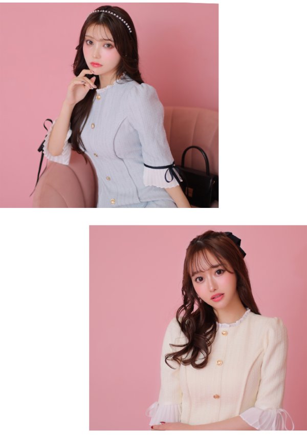 画像25: XSサイズあり【ROBE de FLEURS/ローブドフルール】ラメツイード/ 七分袖/ 袖フリル/ リボン/ フレア/ ミニドレス/ キャバドレス[OF08]