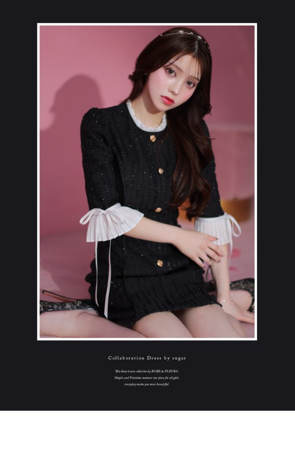 画像19: XSサイズあり【ROBE de FLEURS/ローブドフルール】ラメツイード/ 七分袖/ 袖フリル/ リボン/ フレア/ ミニドレス/ キャバドレス[OF08]