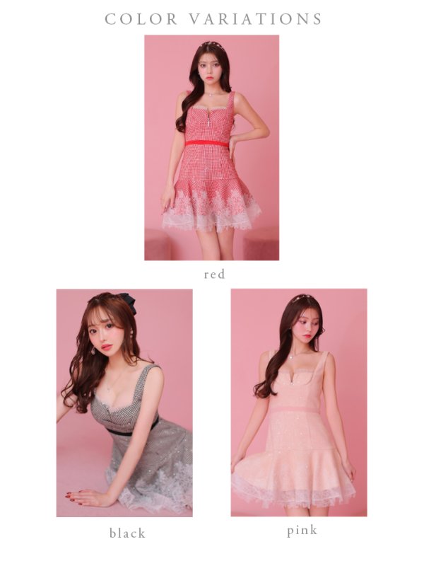 画像15: XSサイズあり【ROBE de FLEURS/ローブドフルール】ツイード/ ギンガムチェック/ フロントジップ/ ノースリーブ/ スパンコール/ フレア/ ミニドレス/ キャバドレス[OF08]