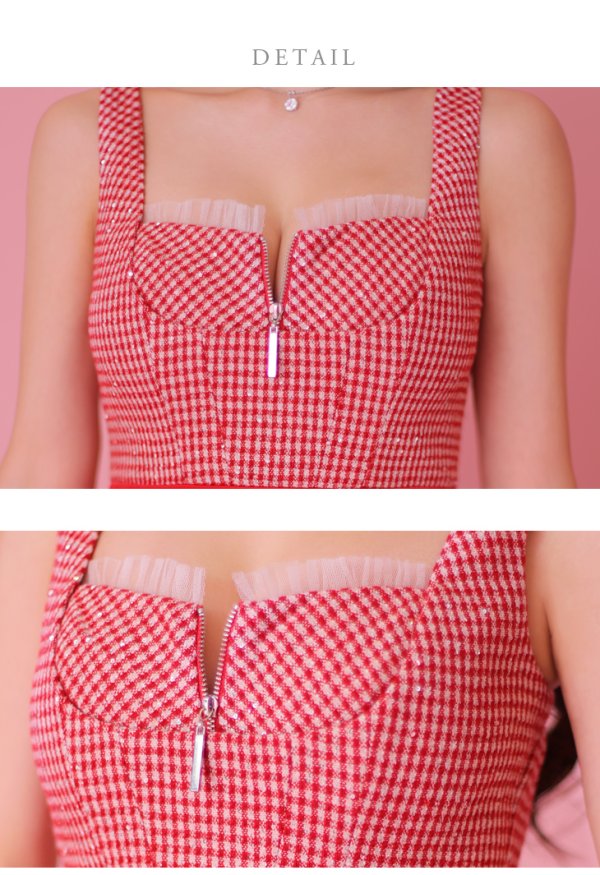 画像10: XSサイズあり【ROBE de FLEURS/ローブドフルール】ツイード/ ギンガムチェック/ フロントジップ/ ノースリーブ/ スパンコール/ フレア/ ミニドレス/ キャバドレス[OF08]