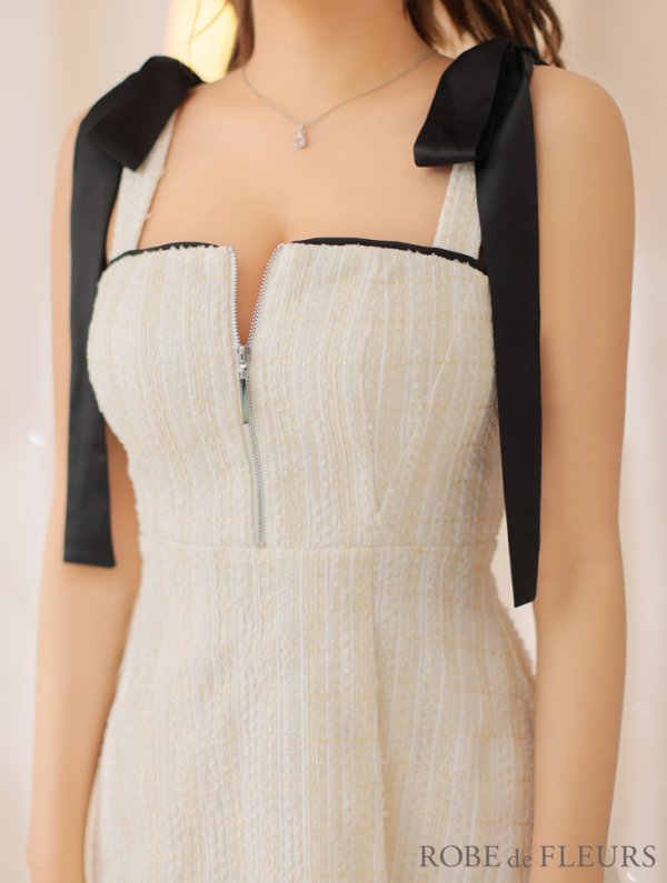 画像6: XSサイズあり【ROBE de FLEURS/ローブドフルール】肩リボン/ パステルチェック/ フロントジップ/ ツイード/ フレア/ ミニドレス/ キャバドレス[OF08]