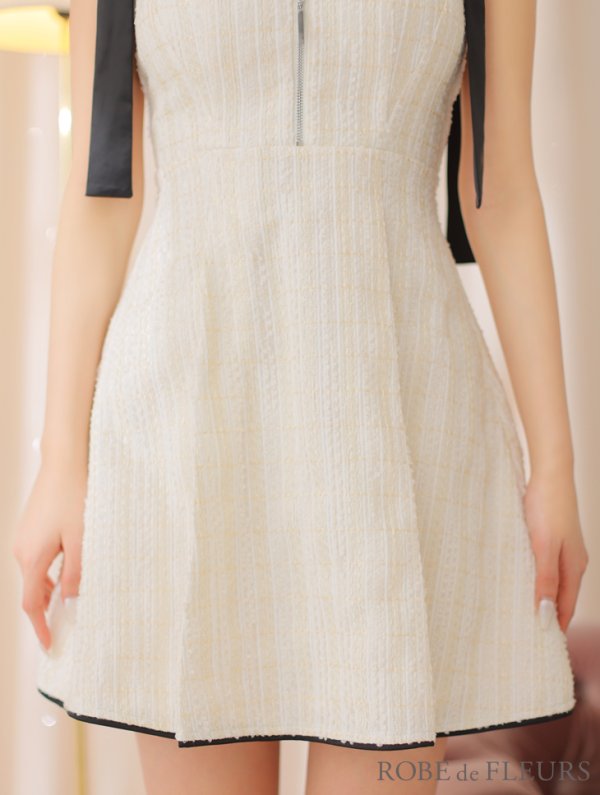 画像7: XSサイズあり【ROBE de FLEURS/ローブドフルール】肩リボン/ パステルチェック/ フロントジップ/ ツイード/ フレア/ ミニドレス/ キャバドレス[OF08]