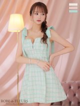 XSサイズあり【ROBE de FLEURS/ローブドフルール】肩リボン/ パステルチェック/ フロントジップ/ ツイード/ フレア/ ミニドレス/ キャバドレス[OF2]