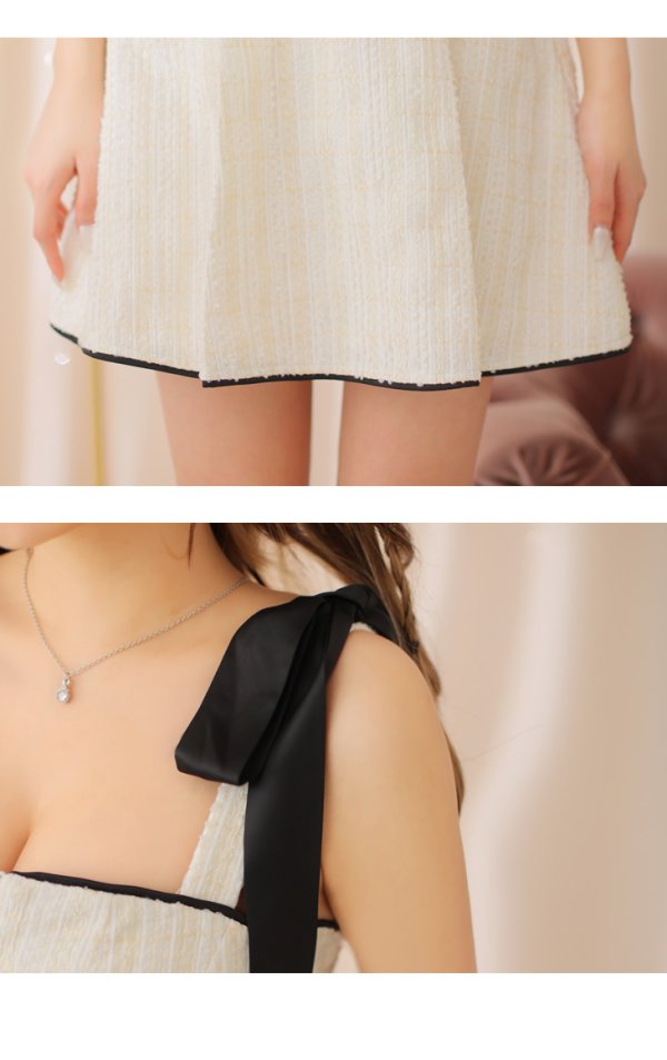 画像12: XSサイズあり【ROBE de FLEURS/ローブドフルール】肩リボン/ パステルチェック/ フロントジップ/ ツイード/ フレア/ ミニドレス/ キャバドレス[OF08]