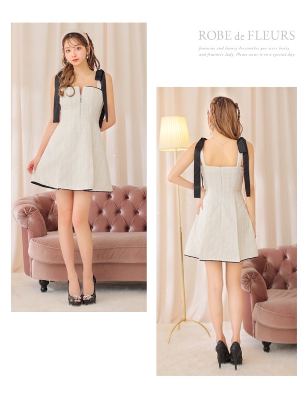 画像10: XSサイズあり【ROBE de FLEURS/ローブドフルール】肩リボン/ パステルチェック/ フロントジップ/ ツイード/ フレア/ ミニドレス/ キャバドレス[OF08]