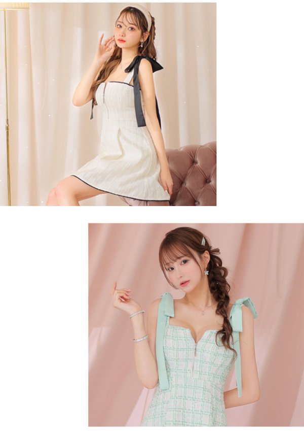 画像8: XSサイズあり【ROBE de FLEURS/ローブドフルール】肩リボン/ パステルチェック/ フロントジップ/ ツイード/ フレア/ ミニドレス/ キャバドレス[OF08]