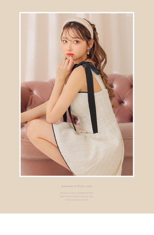 画像9: XSサイズあり【ROBE de FLEURS/ローブドフルール】肩リボン/ パステルチェック/ フロントジップ/ ツイード/ フレア/ ミニドレス/ キャバドレス[OF08]