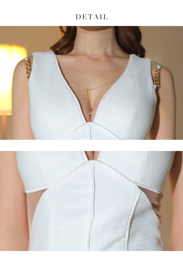 画像13: XSサイズあり【Glossy/グロッシー】サイドシースルー/ バストチェーン/ Vネック/ ツイード/ ノースリーブ/ ワンカラー/ タイト/ ミニドレス/ キャバドレス[OF08]