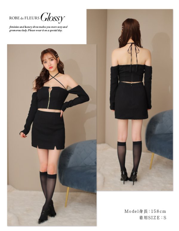 画像5: XSサイズあり【Glossy/グロッシー】リブニット/ アームカバー/ フロントジップ/ ストレッチ/ タイト/ セットアップ/ ミニドレス/ キャバドレス[OF08]