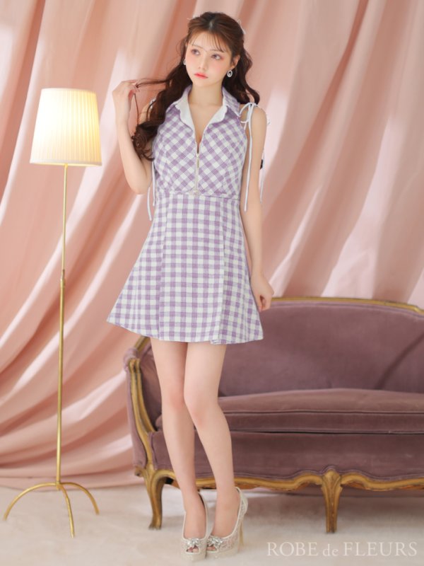 画像6: XSサイズあり【ROBE de FLEURS/ローブドフルール】襟デザイン/ スプリングツイード/ ギンガムチェック/ ノースリーブ/ プリーツ/ フレア/ ミニドレス/ キャバドレス[OF08]