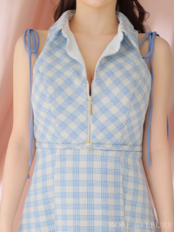 画像10: XSサイズあり【ROBE de FLEURS/ローブドフルール】襟デザイン/ スプリングツイード/ ギンガムチェック/ ノースリーブ/ プリーツ/ フレア/ ミニドレス/ キャバドレス[OF08]