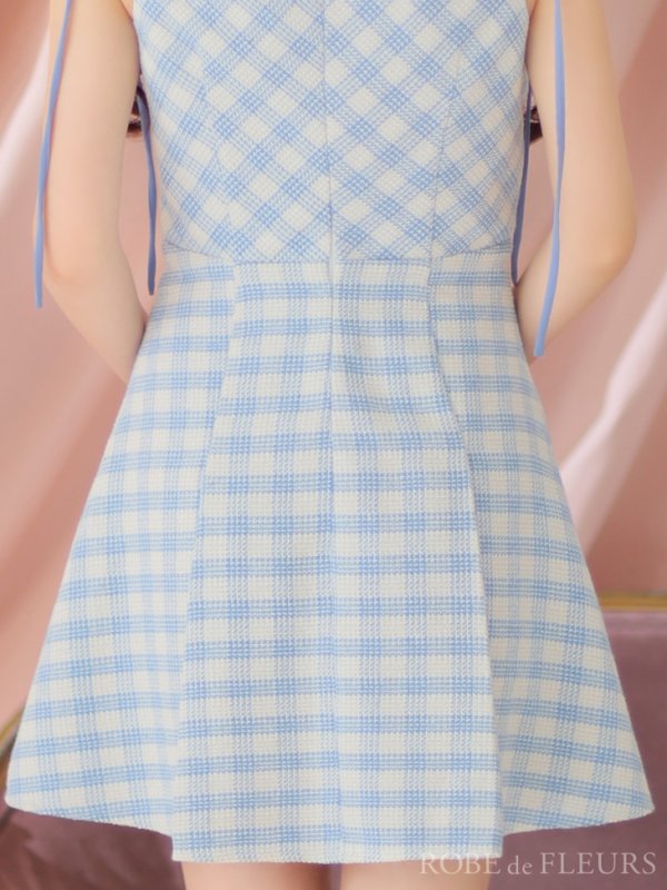 画像12: XSサイズあり【ROBE de FLEURS/ローブドフルール】襟デザイン/ スプリングツイード/ ギンガムチェック/ ノースリーブ/ プリーツ/ フレア/ ミニドレス/ キャバドレス[OF08]