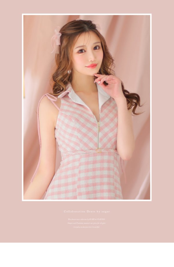 画像8: XSサイズあり【ROBE de FLEURS/ローブドフルール】襟デザイン/ スプリングツイード/ ギンガムチェック/ ノースリーブ/ プリーツ/ フレア/ ミニドレス/ キャバドレス[OF08]