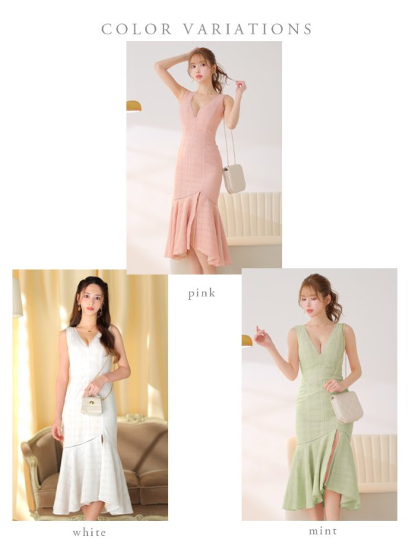 画像15: Lサイズあり【DEA./ディア】チェックレース/ マーメイド/ ノースリーブ/ Vネック/ スリット/ ミディアムドレス/ キャバドレス【OF08】