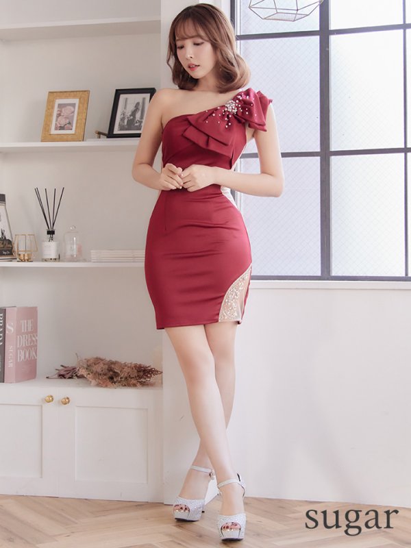 画像8: XSサイズあり【ANGEL R/エンジェルアール】ワンショル/ リボン/ ビジュー/シアー/ タイト/ ミニ/ キャバドレス[OF2]