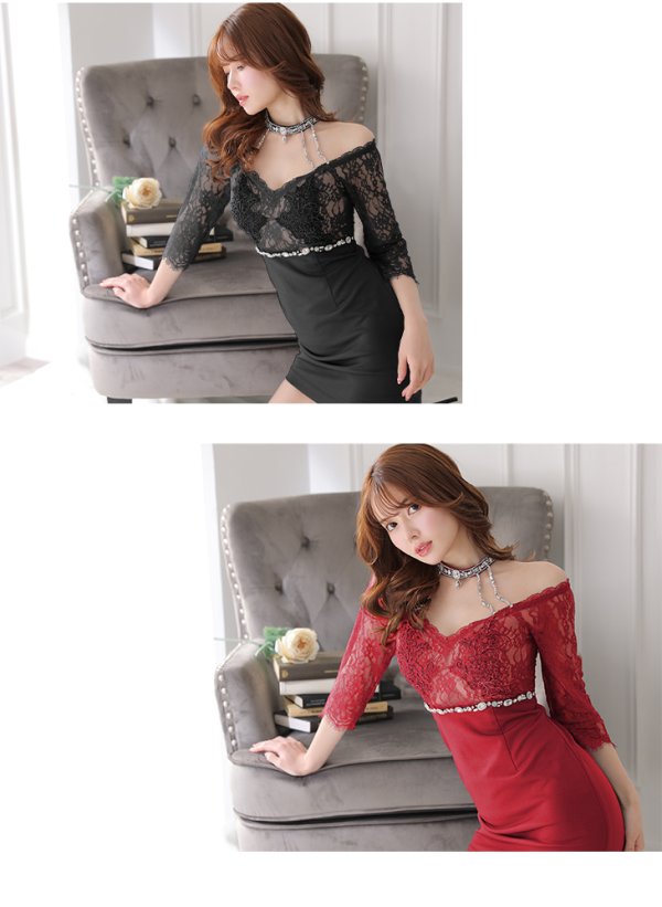画像17: XSサイズあり【Glossy/グロッシー】ウエストシースルー/ レーススリーブ/ 袖あり/ オフショル/ タイト/ ミニドレス/ キャバドレス[OF08]