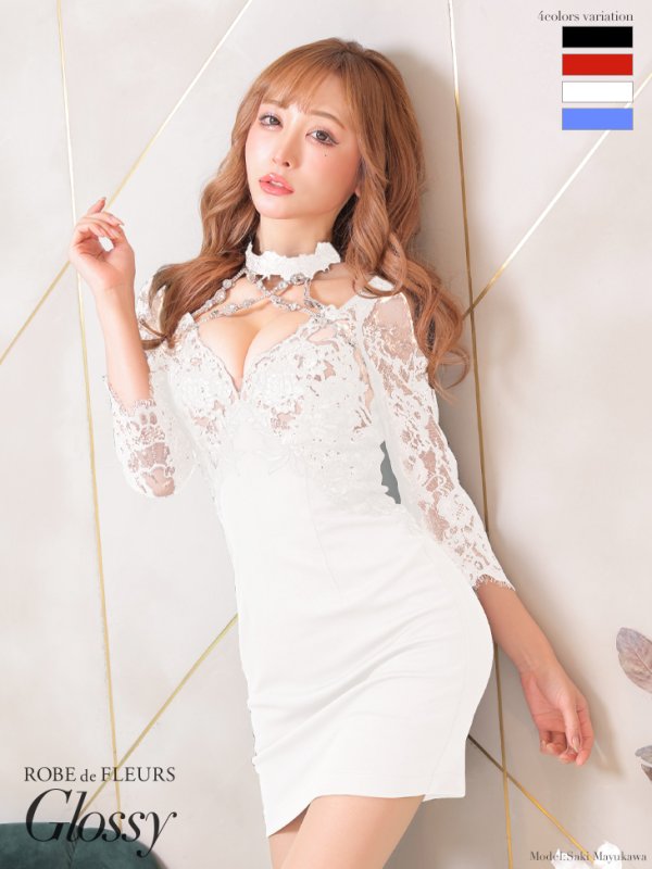 画像2: XSサイズあり【ROBE de FLEURS Glossy/ローブ・ド・フルール グロッシー】クロスビジュー/ チョーカー風/ レース/ 袖/ タイト/ ミニドレス/ キャバドレス[OF2]