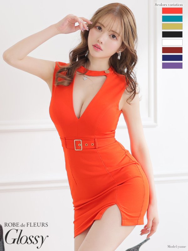 XSサイズあり【ROBE de FLEURS Glossy/ローブ・ド・フルール グロッシー】チョーカー風ベルト/ カットアウト/ シンプル/ ワンカラー/ ノースリーブ/ タイト/ ミニドレス/ キャバドレス ブラック