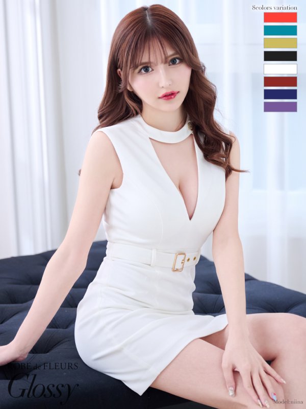 XSサイズあり【ROBE de FLEURS Glossy/ローブ・ド・フルール グロッシー】チョーカー風ベルト/ カットアウト/ シンプル/ ワンカラー/ ノースリーブ/ タイト/ ミニドレス/ キャバドレス ホワイト