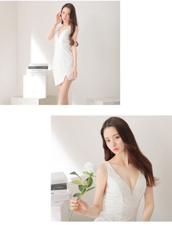 画像2: XSサイズあり【ROBE de FLEURS Glossy/ローブ・ド・フルール グロッシー】フラワーモチーフ/ ノースリーブ/ 総レース/ アシンメトリー/ タイト/ ミニドレス/ キャバドレス[OF2]
