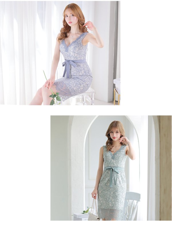 画像5: Lサイズあり【DEA./ディア】フラワーモチーフ/ リボンベルト/ 総レース/ ノースリーブ/ 膝丈/ タイト/ ミディアムドレス/ キャバドレス【OF08】