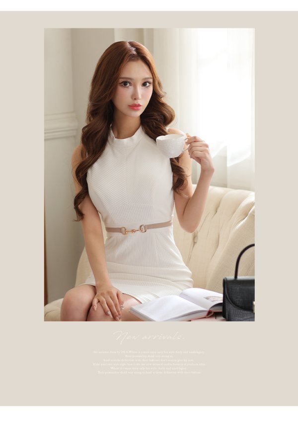 画像4: Lサイズあり【DEA./ディア】ベルトライク/ シンプル/ ワンカラー/ ノースリーブ/ ハイネック/ 膝丈/ タイト/ ミディアムドレス/ キャバドレス【OF08】