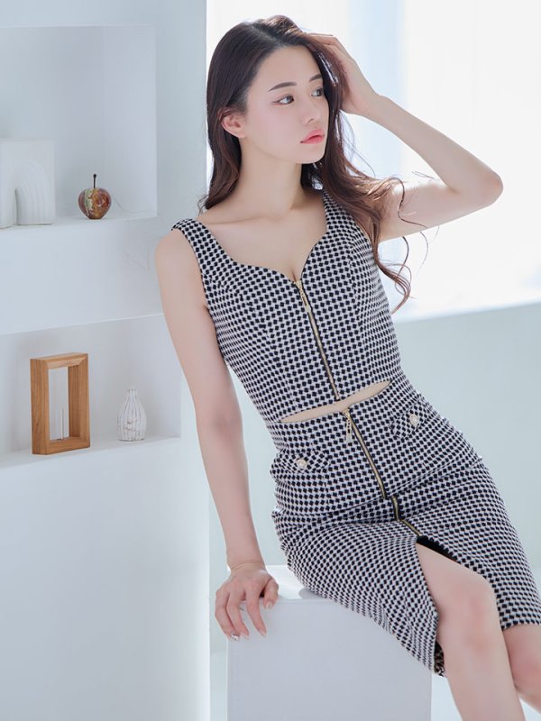 画像4: Lサイズあり【JEAN MACLEAN/ジャンマクレーン】ジップデザイン/ カットアウト/ ノースリーブ/ ストレッチ/ 膝丈/ タイト/ ミディアムドレス/ キャバドレス【HC02】