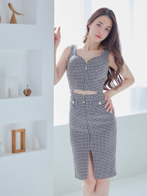 画像5: Lサイズあり【JEAN MACLEAN/ジャンマクレーン】ジップデザイン/ カットアウト/ ノースリーブ/ ストレッチ/ 膝丈/ タイト/ ミディアムドレス/ キャバドレス【HC02】