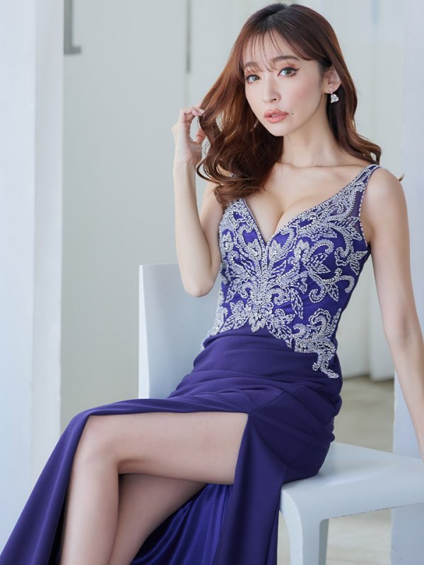 画像10: 【IRMA/イルマ】ワンカラー/ ビジュー/ 刺繍/ バストカット/ ノースリーブ/ スリット/ ストレッチ/ タイト/ ロングドレス/ キャバドレス long[OF2A]