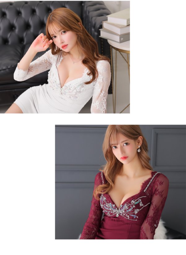 画像10: 【Glossy/グロッシー】レーススリーブ/ 七分袖/ 長袖/ 袖あり/ ビジュー/ ストレッチ/ タイト/ ミニドレス/ キャバドレス[OF08]