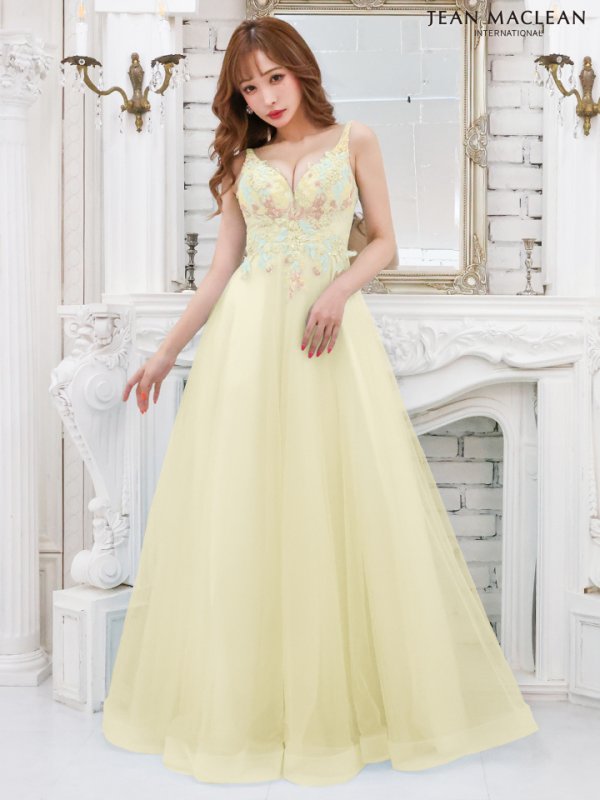 Lサイズあり【JEAN MACLEAN/ジャンマクレーン】フラワーモチーフ/ ネットレース/ スピンドル/ プリンセス/ フレア/ ロングドレス/ キャバドレスlong イエロー
