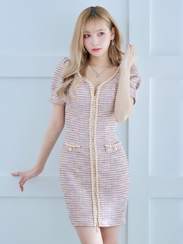 画像5: XSサイズあり【IRMA/イルマ】ミックスツイード/ ストレッチ/ フロントジップ/ チェーンライン/ 半袖/ パフスリーブ/ タイト/ ミニドレス/ キャバドレス【HC02】