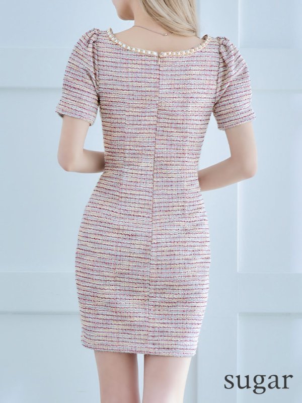 画像9: XSサイズあり【IRMA/イルマ】ミックスツイード/ ストレッチ/ フロントジップ/ チェーンライン/ 半袖/ パフスリーブ/ タイト/ ミニドレス/ キャバドレス【HC02】