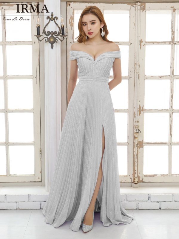 Lサイズあり【IRMA/イルマ】オフショル/ ラメ/ ハートカット/ スリット/ スピンドル/ フレア/ バースデー/ ロングドレス/ キャバドレス long シルバー