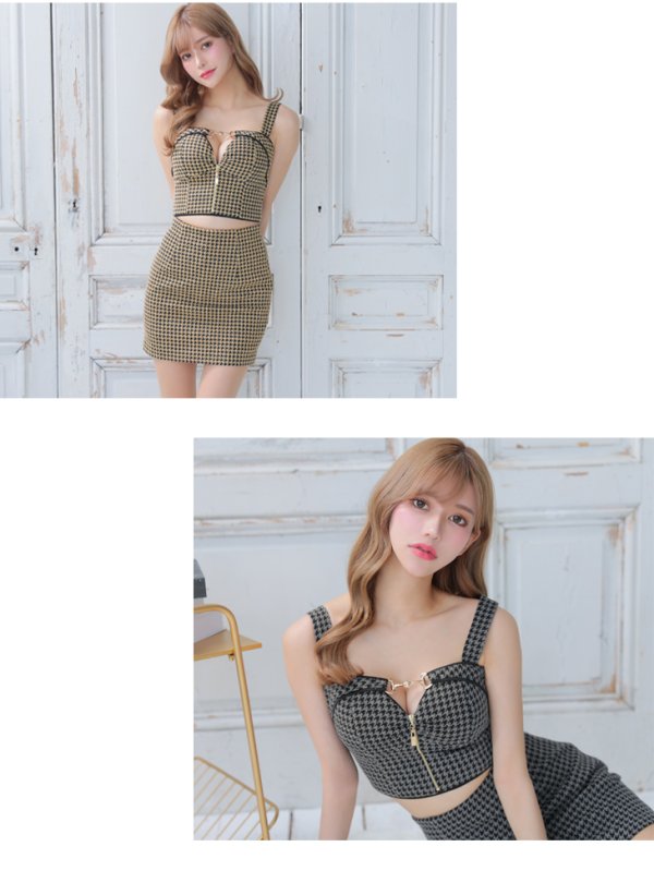 画像10: XSサイズあり【Glossy/グロッシー】ツイード/ 千鳥柄/ ジップ/ チェーン/ フロントロックデザイン/ セットアップ/ タイト/ ミニドレス/ キャバドレス[OF08]