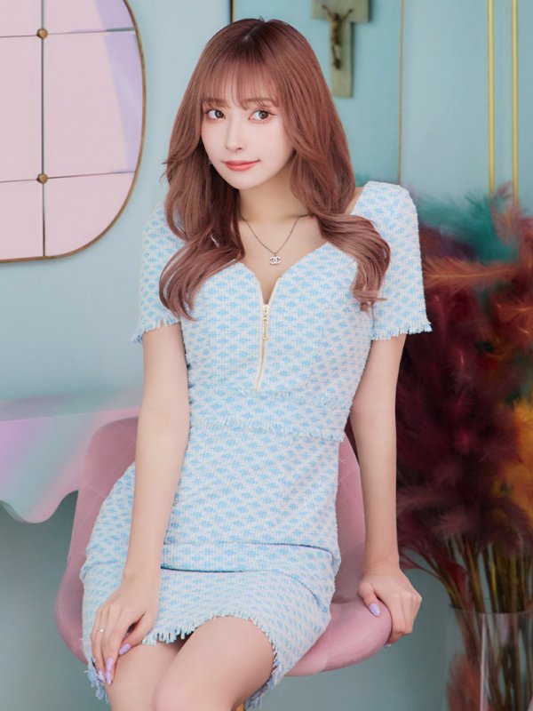 画像5: XSサイズあり【IRMA/イルマ】ストレッチ/ ツイード/ フロントジップ/ フリンジ/ 半袖/ 袖あり/ タイト/ ミニドレス/ キャバドレス【HC02】