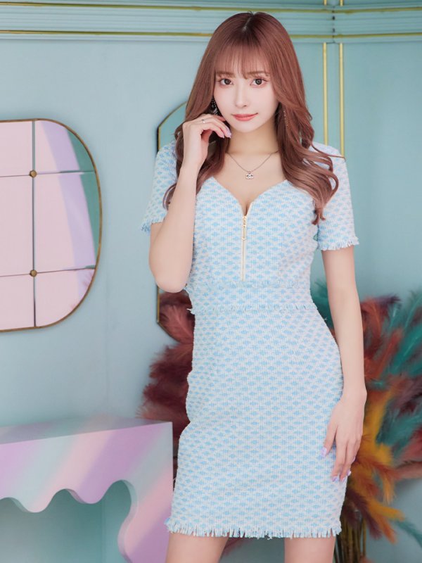 画像6: XSサイズあり【IRMA/イルマ】ストレッチ/ ツイード/ フロントジップ/ フリンジ/ 半袖/ 袖あり/ タイト/ ミニドレス/ キャバドレス【HC02】